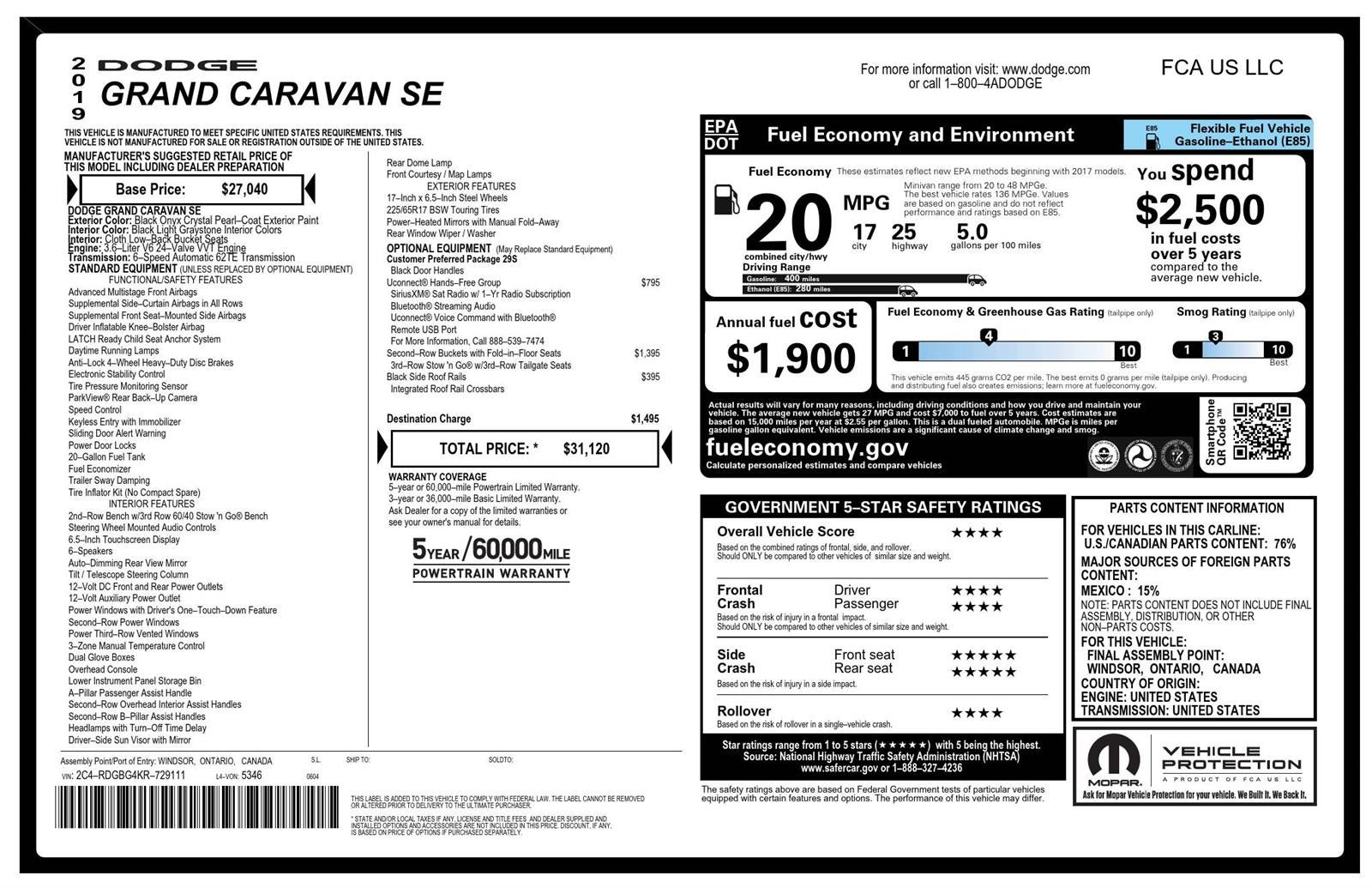 2019 Dodge Grand Caravan SE